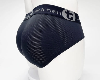 Black mesh briefs with branded wildman t elastic waistband in wildmant mesh monster cock brief black style