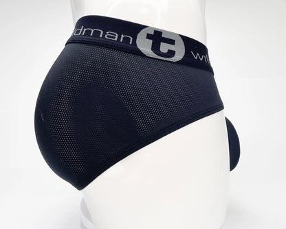 Black mesh briefs with gray logo band featuring the brand name t from wildmant mesh monster cock brief black product