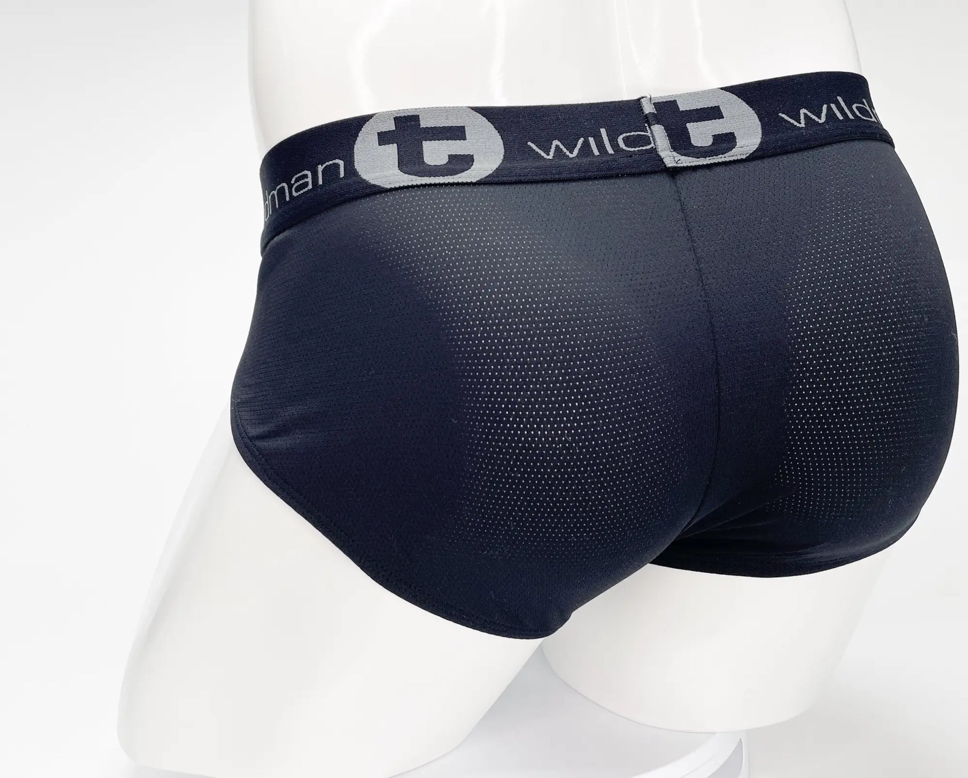 Black mesh men’s briefs with gray logo band featuring t and Wildman branding in WildmanT Mesh Monster Cock Brief Black