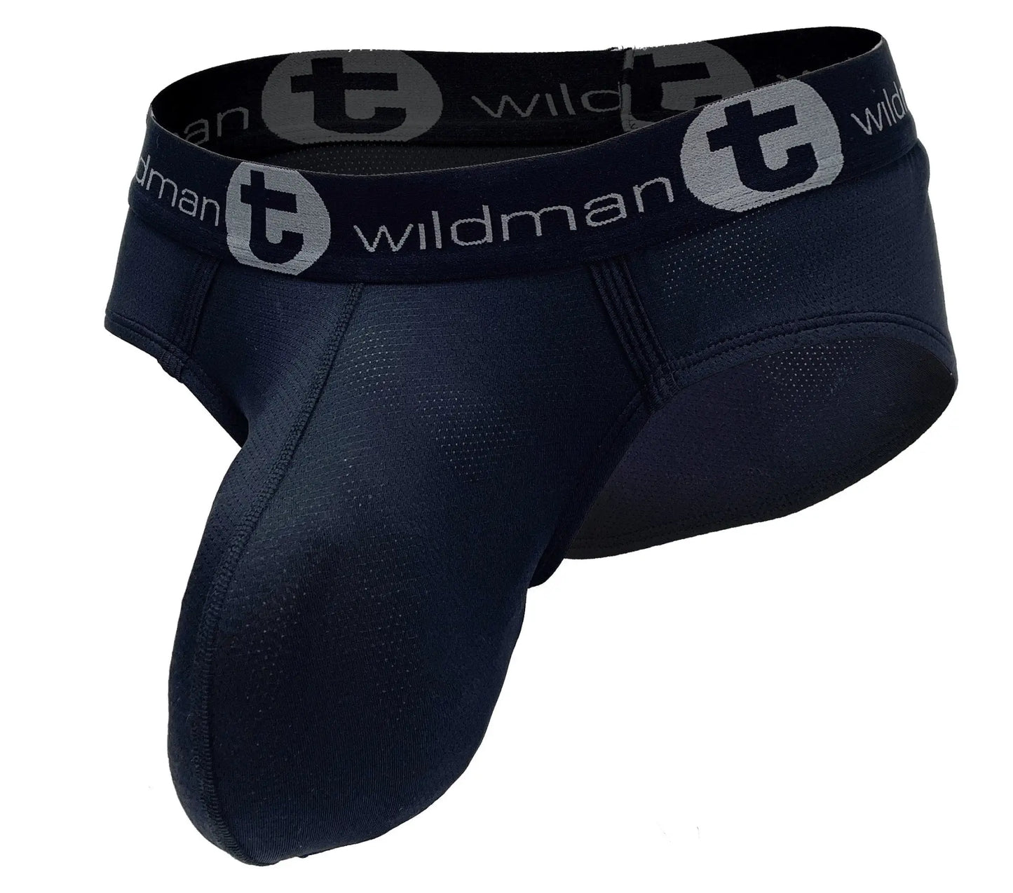 WildmanT mesh monster cock brief black jockstrap with textured fabric and gray black wildman logo on the waistband