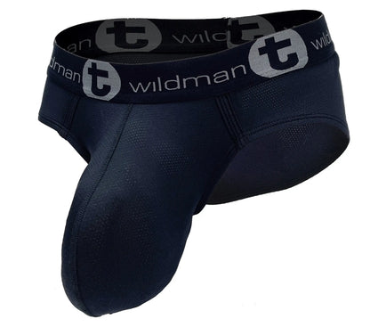 WildmanT mesh monster cock brief black jockstrap with textured fabric and gray black wildman logo on the waistband