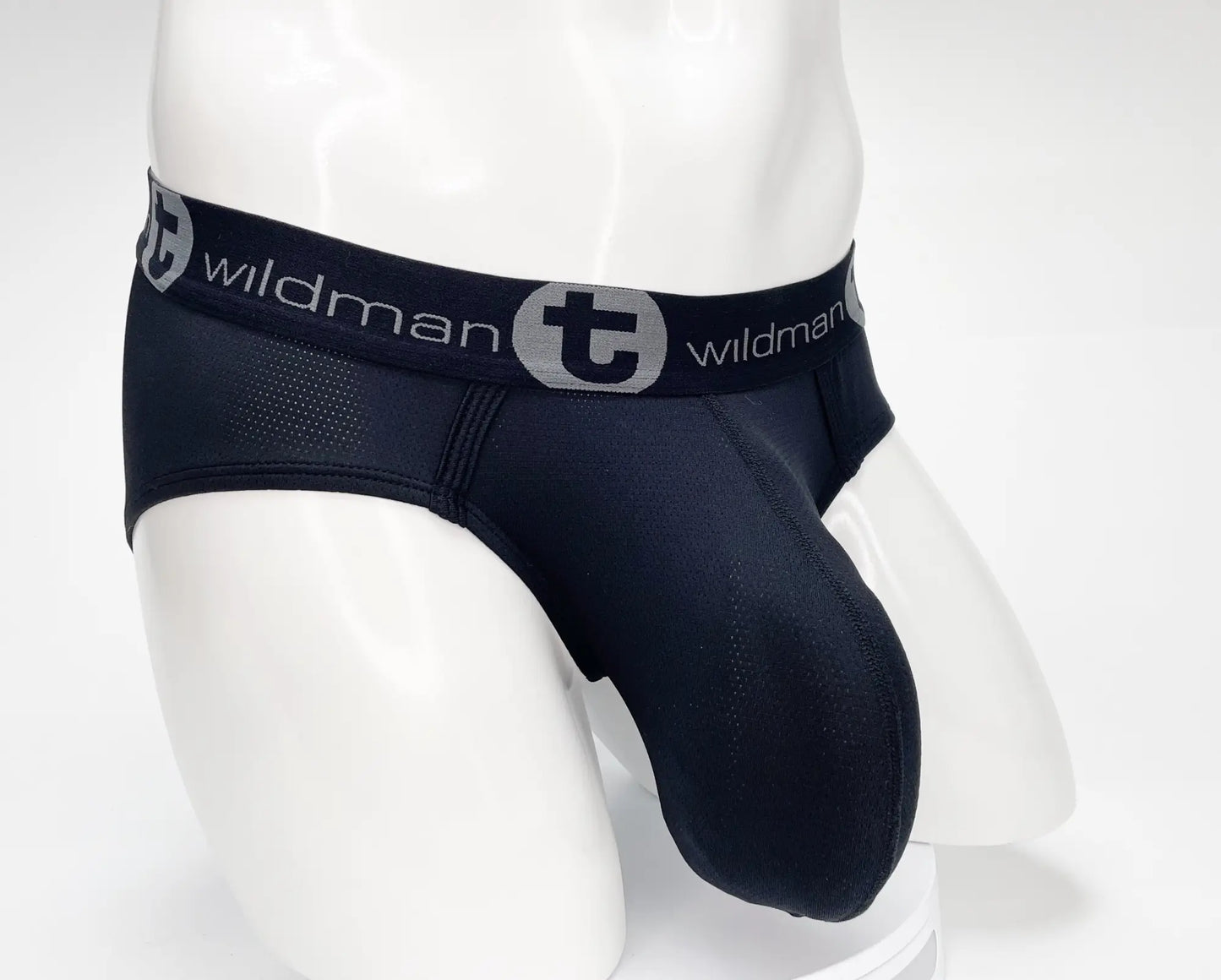 Wildmant mesh monster cock brief black men’s briefs with gray logo band and breathable mesh detailing