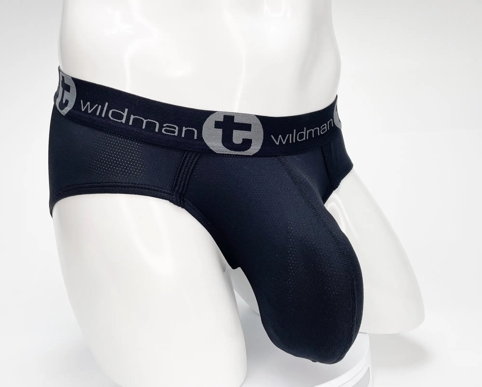 Wildmant mesh monster cock brief black men’s briefs with gray logo band and breathable mesh detailing