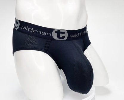 Wildmant mesh monster cock brief black men’s briefs with gray logo band and breathable mesh detailing