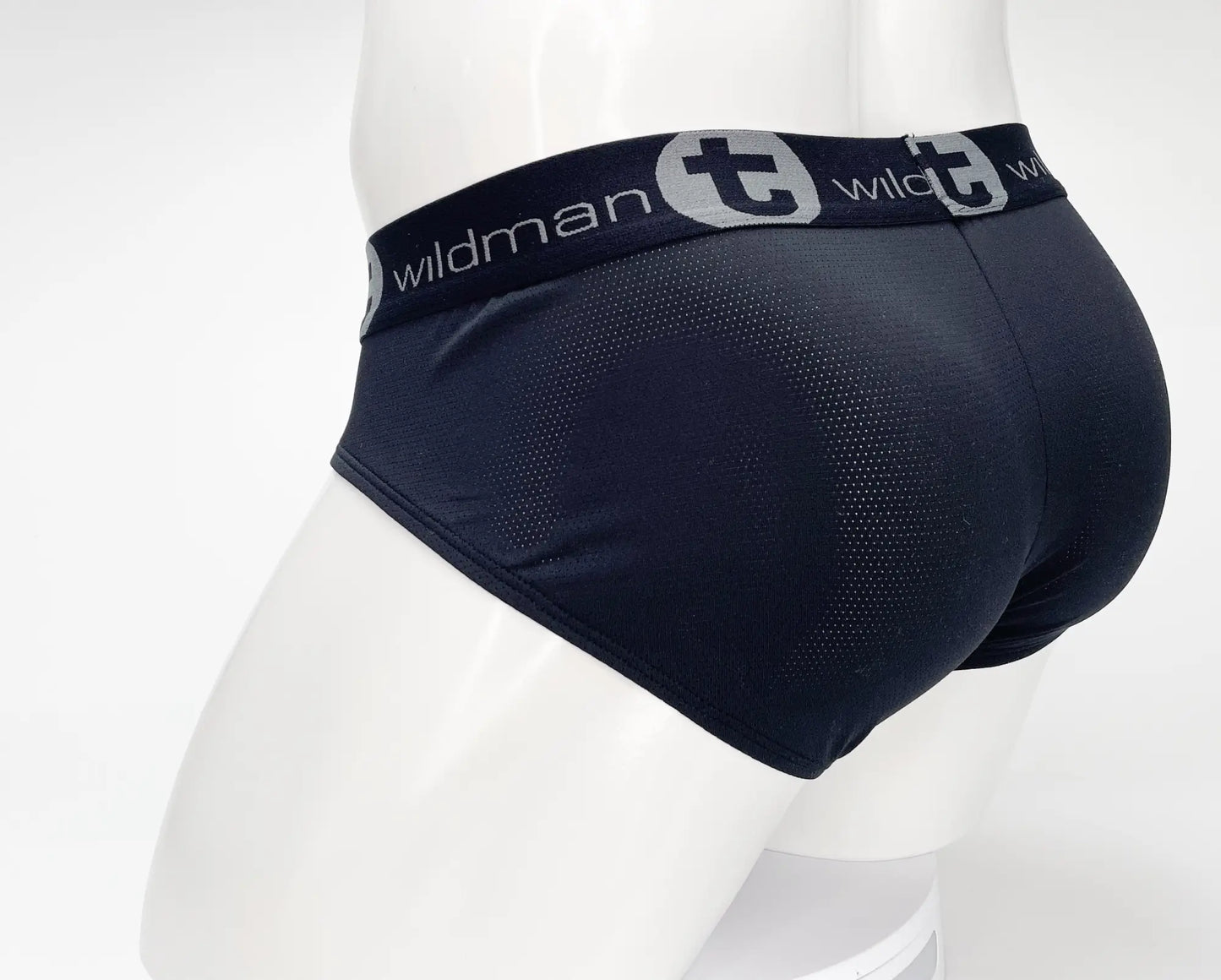 Black wildman men’s briefs with perforated mesh texture and gray logo trim wildmant mesh monster cock brief black