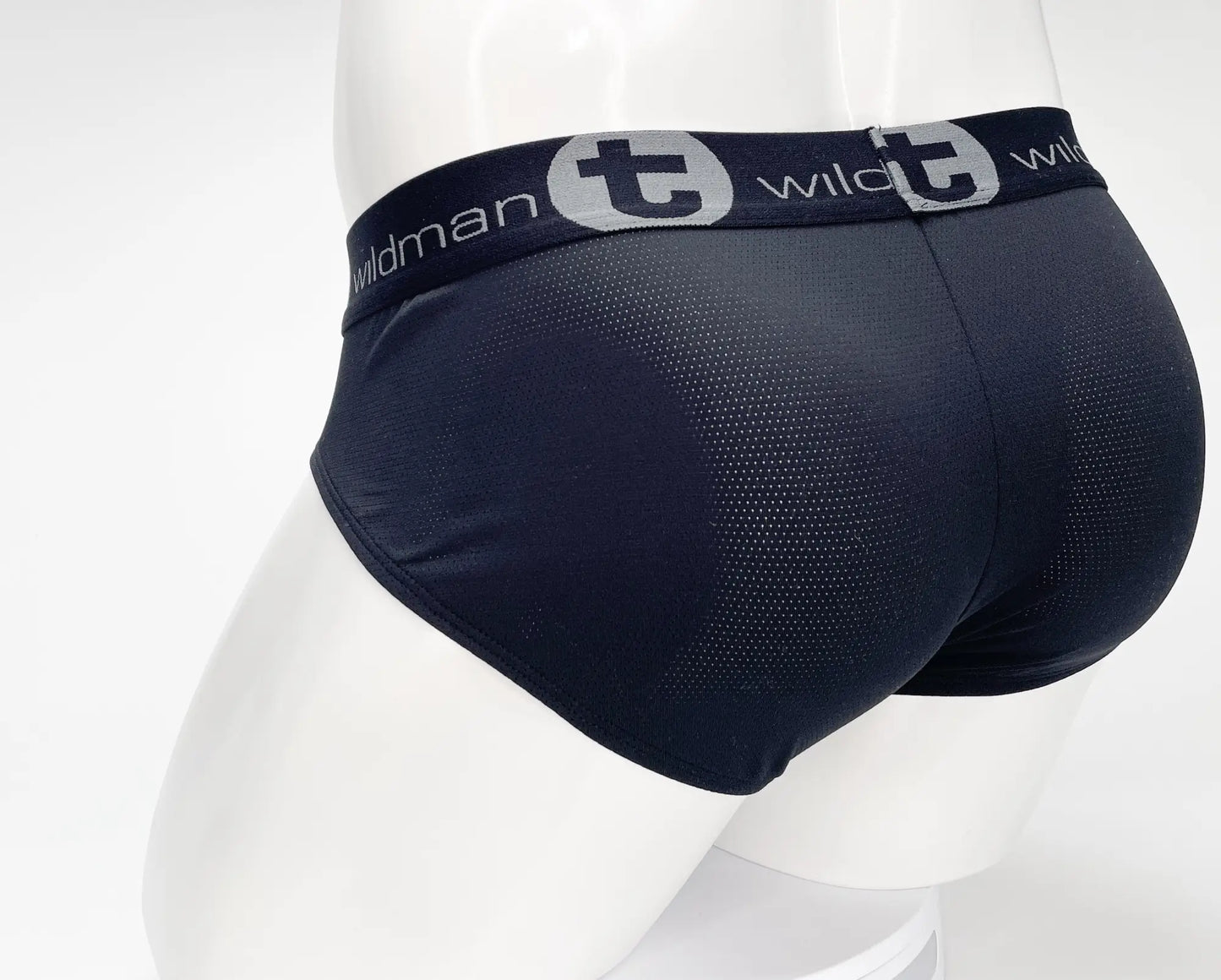 WildmanT mesh monster cock brief in black with perforated mesh texture and gray logo trim