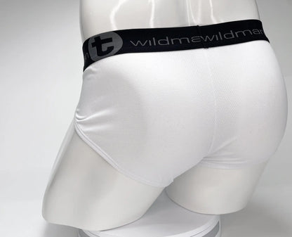 White WildmanT mesh athletic briefs with black elastic waistband featuring wildman brand name and logo
