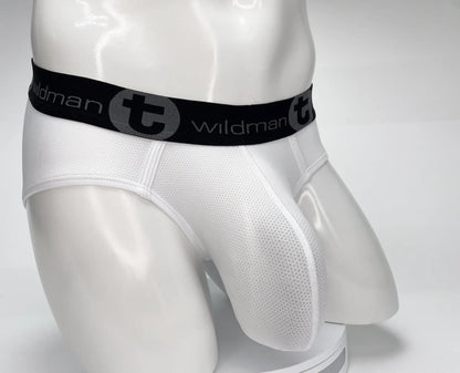 Wildmant mesh monster cock brief white mesh briefs with black elastic waistband and wildman logo