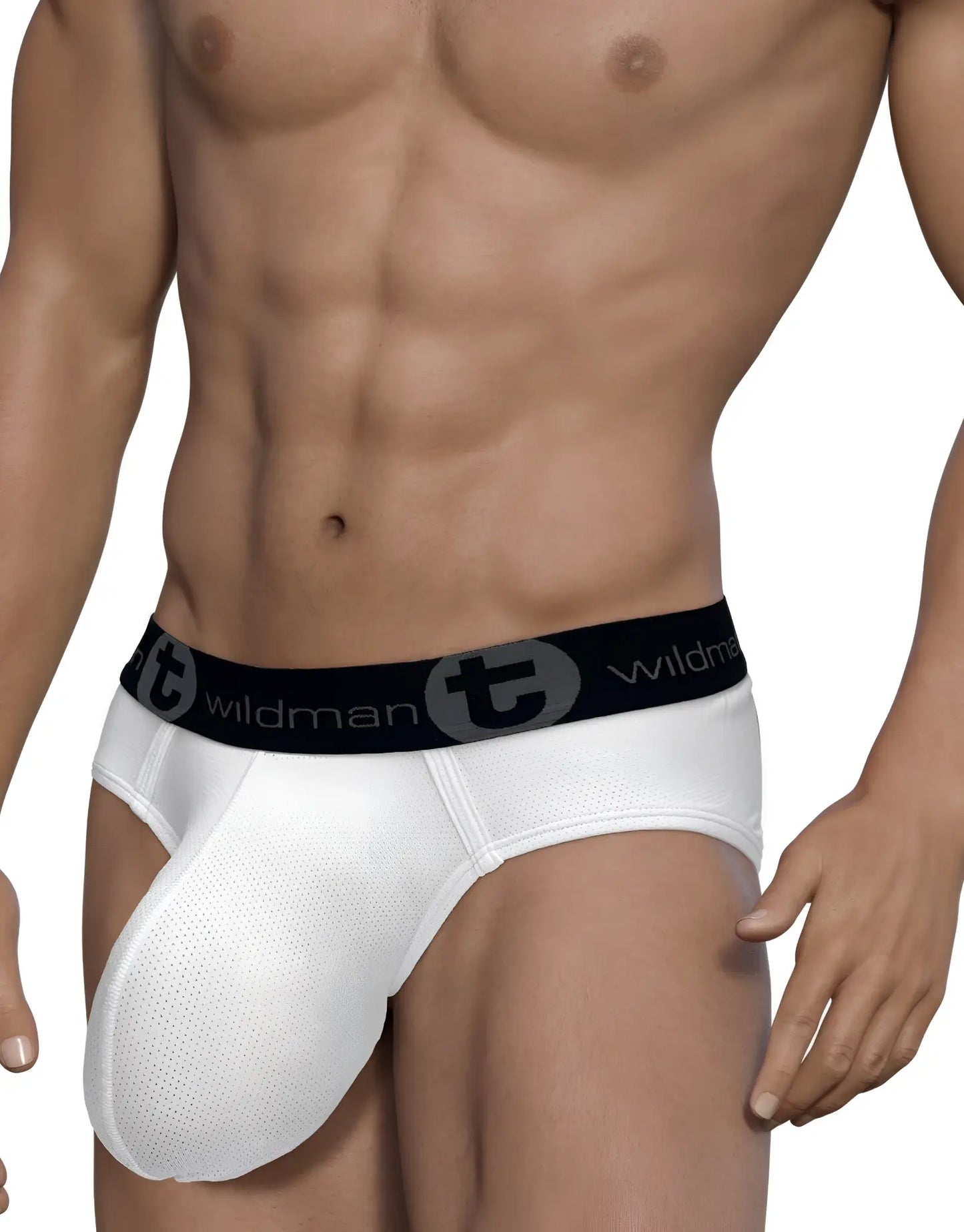 White mesh briefs with black elastic waistband featuring wildman logo from wildmant mesh monster cock brief white collection