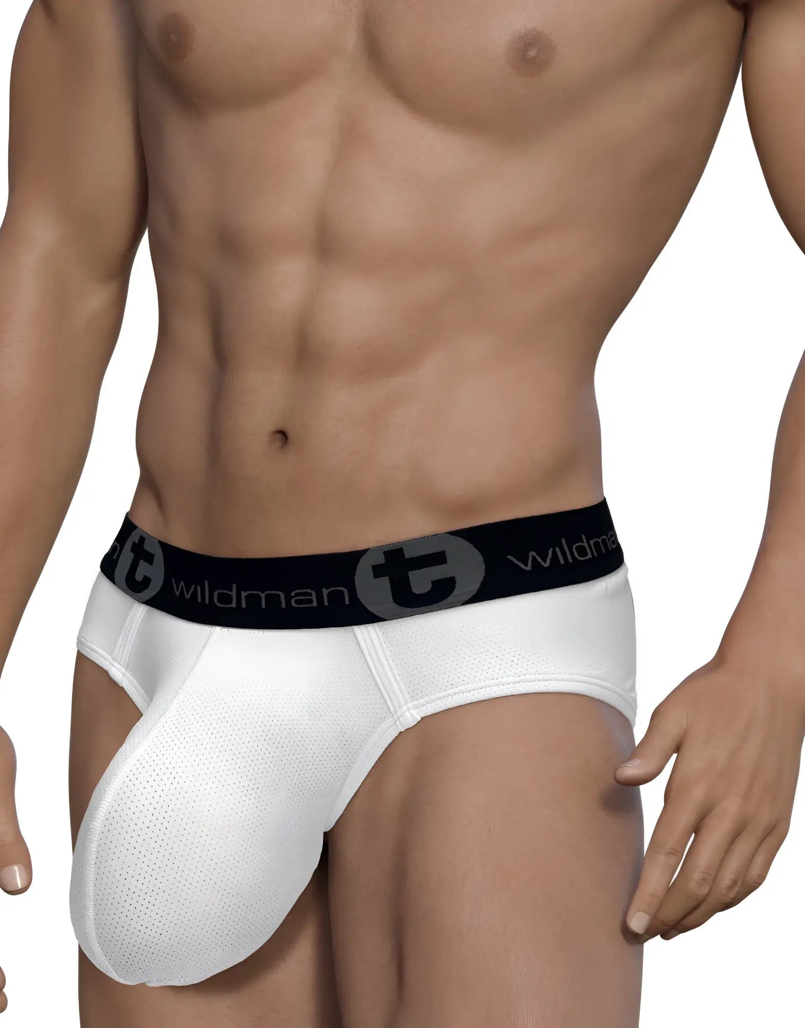 White mesh briefs with black elastic waistband featuring wildman logo from wildmant mesh monster cock brief white collection