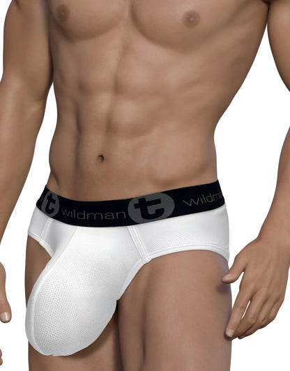 White mesh briefs with black elastic waistband featuring wildman logo from wildmant mesh monster cock brief white collection