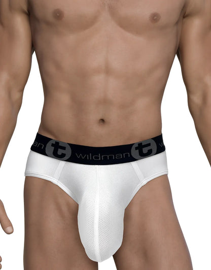 WildmanT mesh monster cock brief white with white mesh fabric and black elastic waistband featuring wildman logo