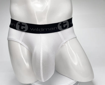WildmanT mesh monster cock brief white with white mesh fabric and black elastic waistband featuring wildman logo