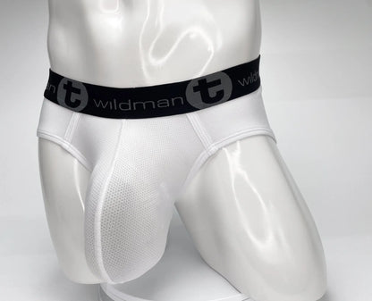 WildmanT mesh monster cock brief white with white mesh fabric and black elastic waistband featuring wildman logo
