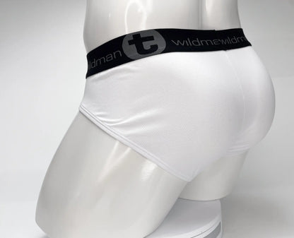 White mesh briefs with black elastic waistband featuring wildman logo from wildmant mesh monster cock brief white collection