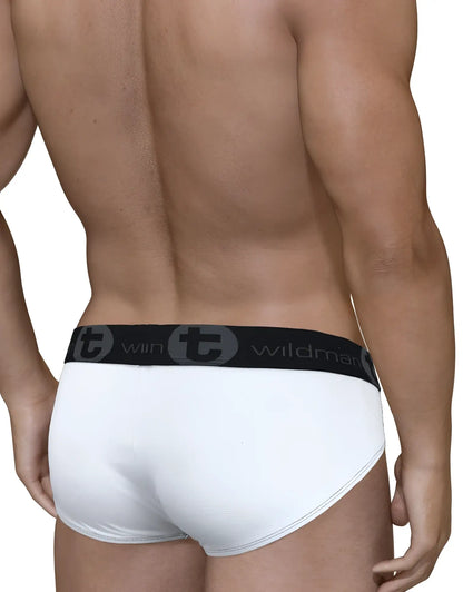 White briefs with black elastic waistband featuring wildman logo and circular t emblem from wildmant mesh monster cock brief white