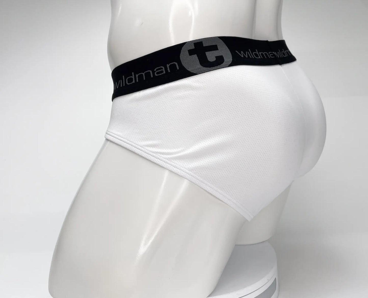 White mesh briefs with black wildman elastic waistband featuring mesh monster cock design for bold comfort