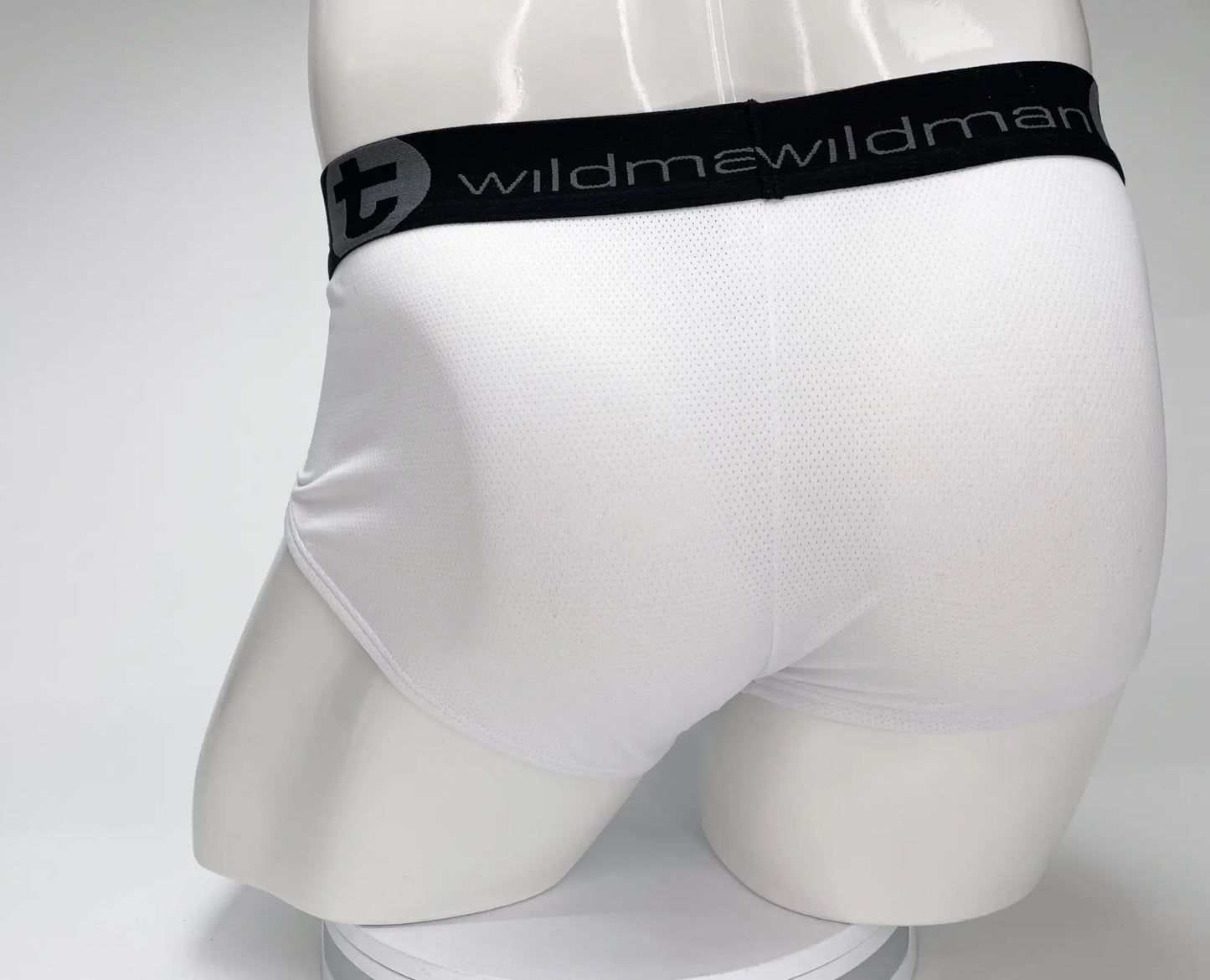 White briefs with black elastic waistband featuring wildman logo in mesh fabric from wildmant mesh monster cock brief white