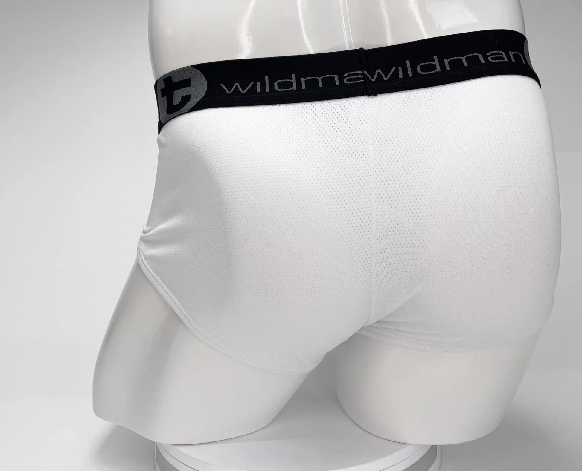 White briefs with black elastic waistband featuring wildman logo in mesh fabric from wildmant mesh monster cock brief white