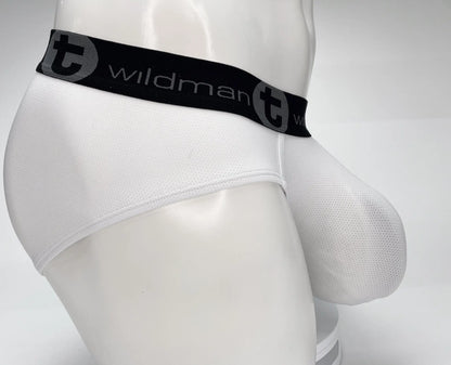 White mesh men’s briefs with black elastic waistband featuring wildman brand logo from wildmant mesh monster cock brief white