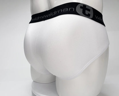 White men’s mesh briefs with black elastic waistband featuring wildman brand name and logo wildmant mesh monster cock brief white