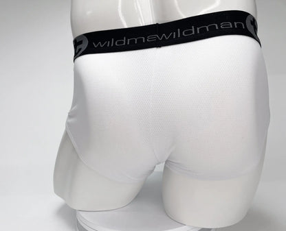 White men’s mesh briefs with black elastic waistband featuring wildman brand name for breathable comfort