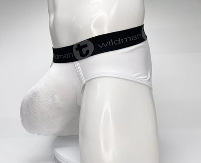 Wildmant mesh monster cock brief white with black elastic waistband and white mesh fabric featuring wildman logo