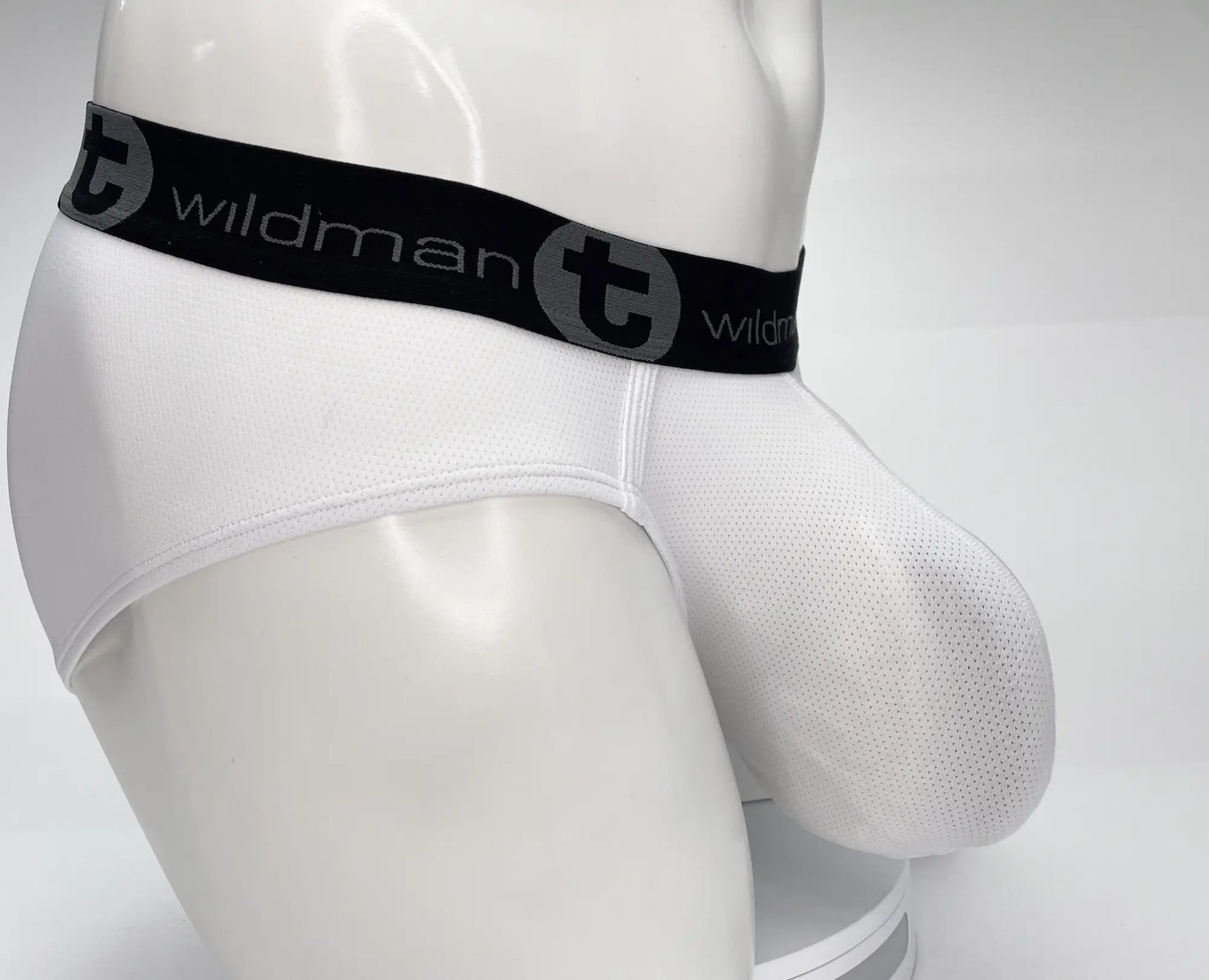 Wildmant mesh monster cock brief white men’s briefs with black elastic waistband and gray t logo and brand name