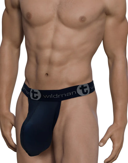 Dark navy blue wildman brand jockstrap with contoured mesh pouch and elastic waistband featuring the logo