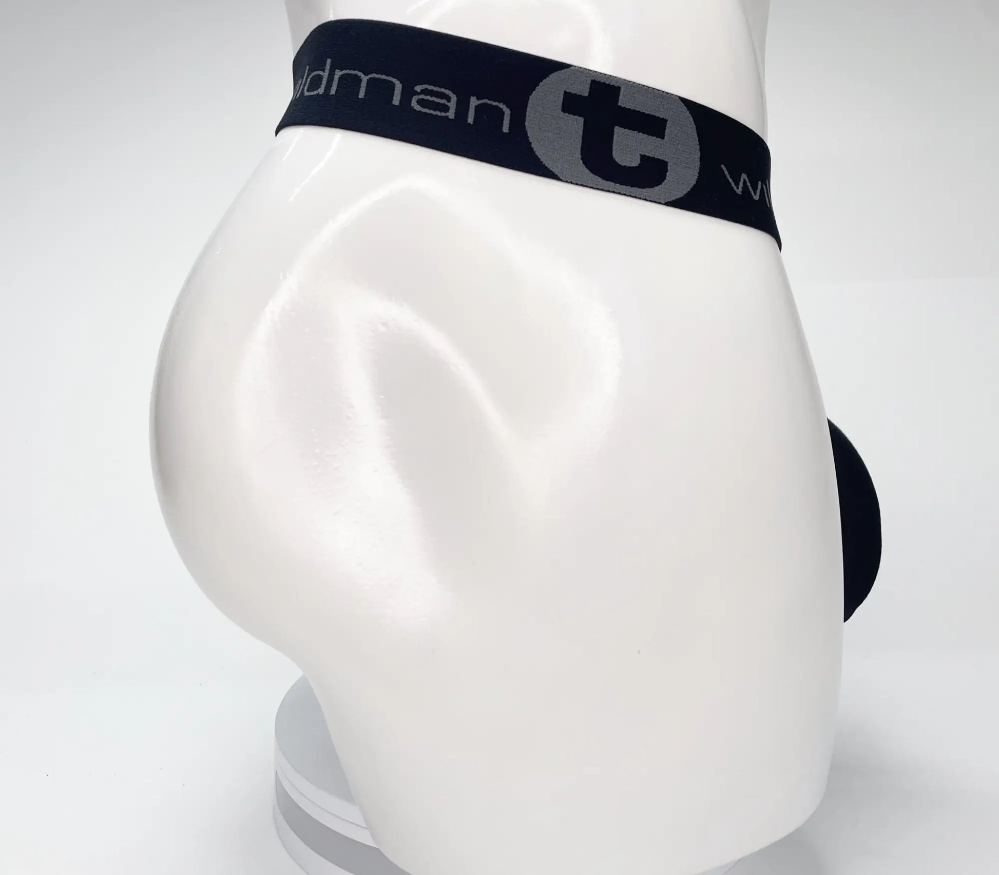 Black men’s briefs with a navy blue waistband featuring the t logo from wildmant mesh monster cock strapless pouch black