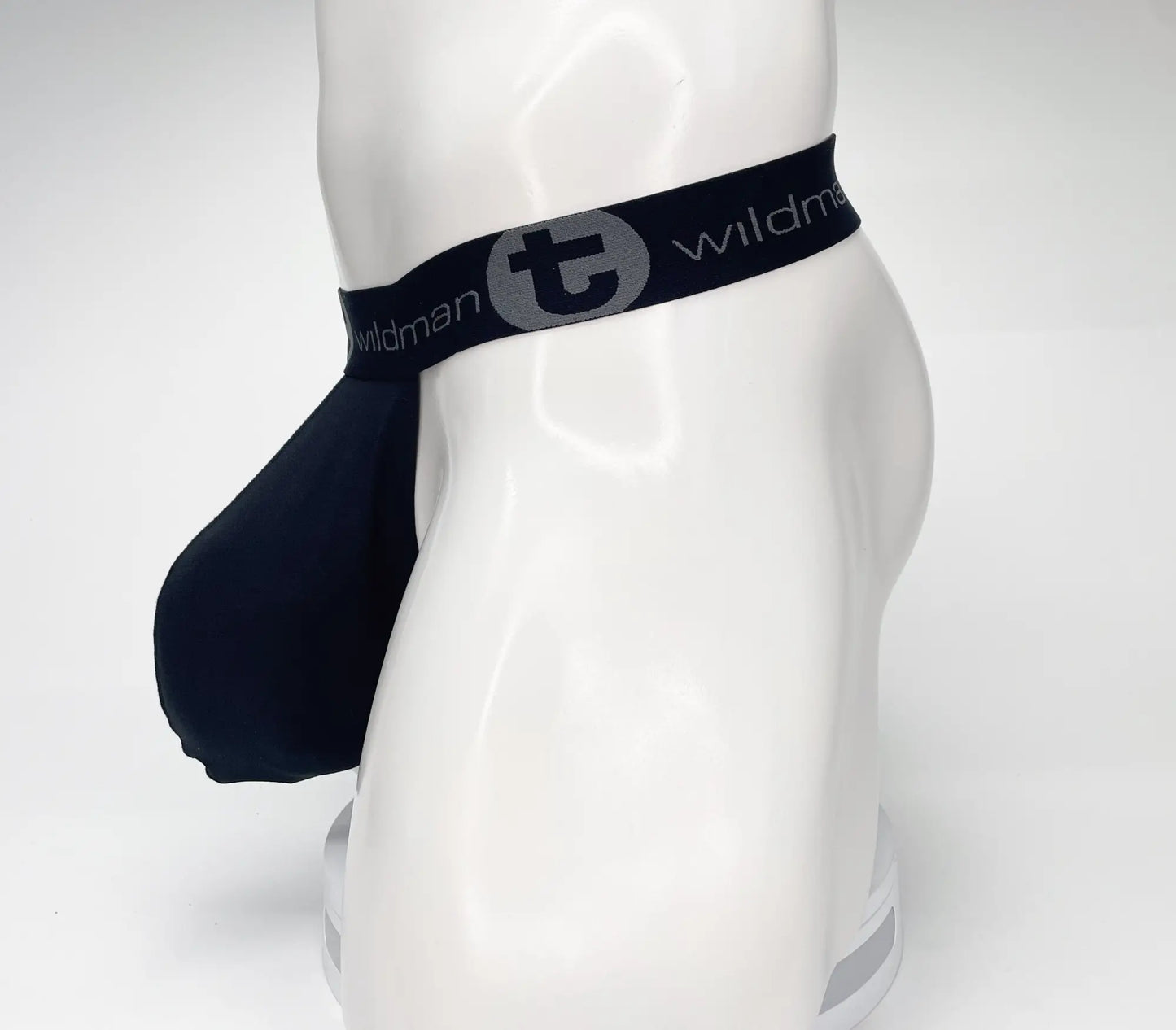 Black wildman brand jockstrap with contoured design elastic waistband and mesh monster cock strapless pouch in black