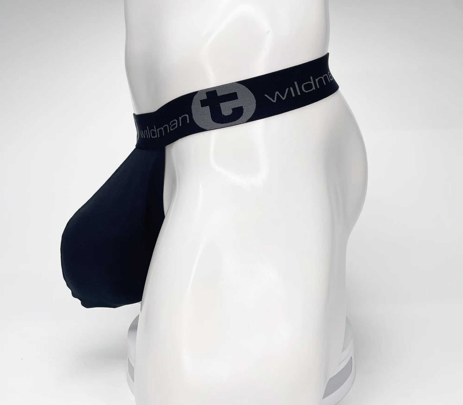 Black wildman brand jockstrap with contoured design elastic waistband and mesh monster cock strapless pouch in black
