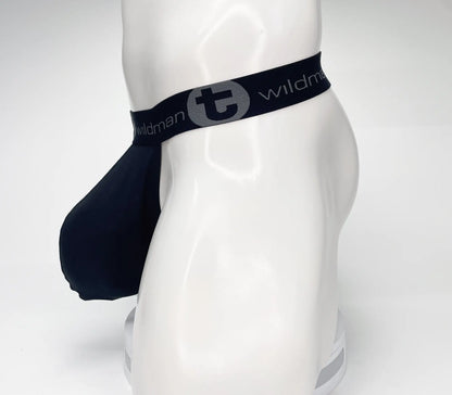 Black wildman brand jockstrap with contoured design elastic waistband and mesh monster cock strapless pouch in black