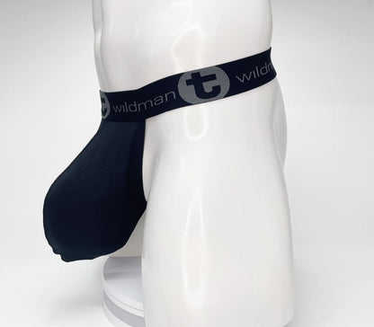 Black wildman brand mesh monster cock strapless pouch jockstrap with gray logo band for support and comfort