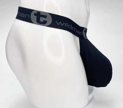 Black wildman brand wildmant mesh monster cock strapless pouch jockstrap with gray logo and elastic waistband