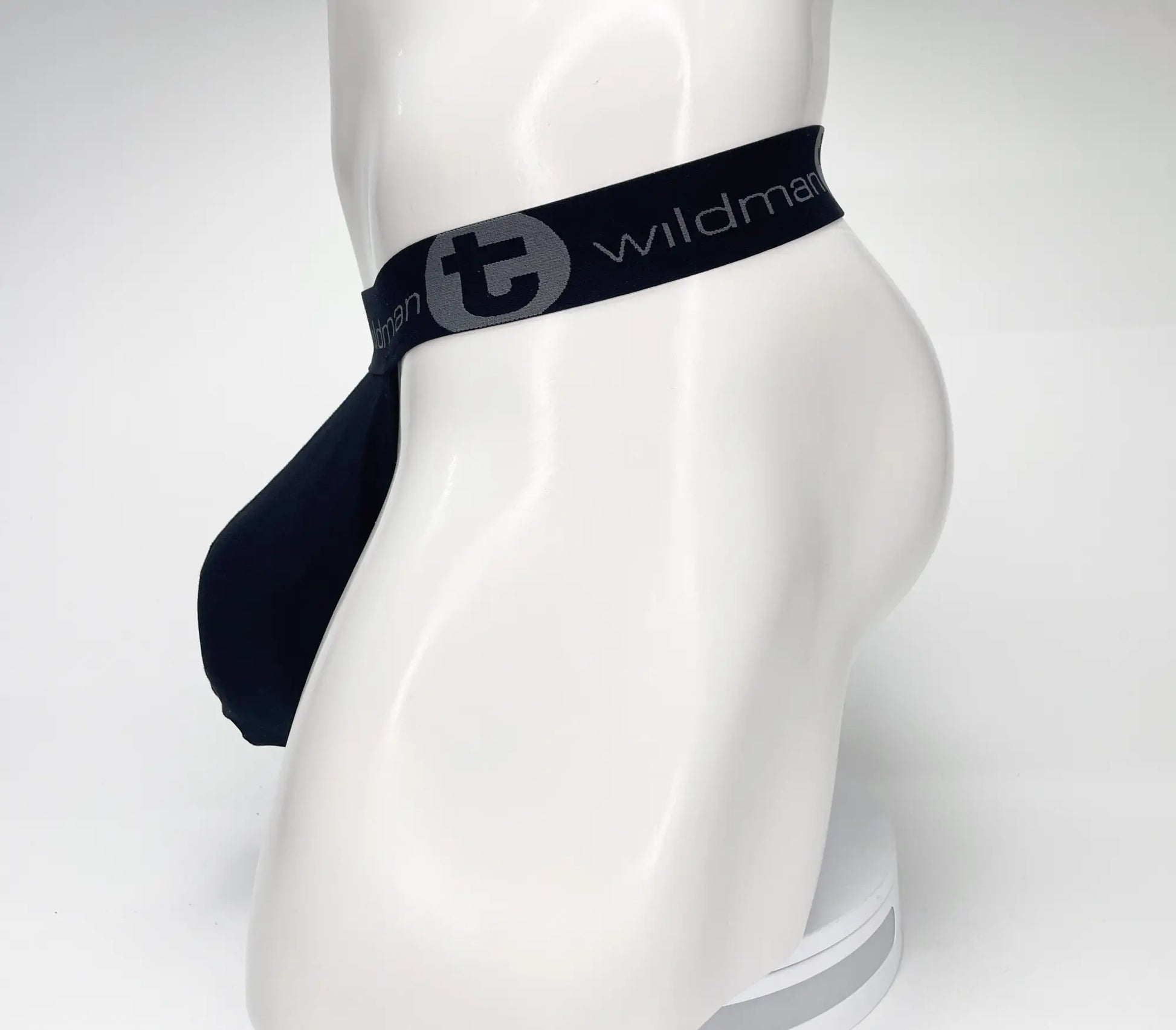 Black wildman brand mesh monster cock strapless pouch jockstrap with gray logo and elastic waistband