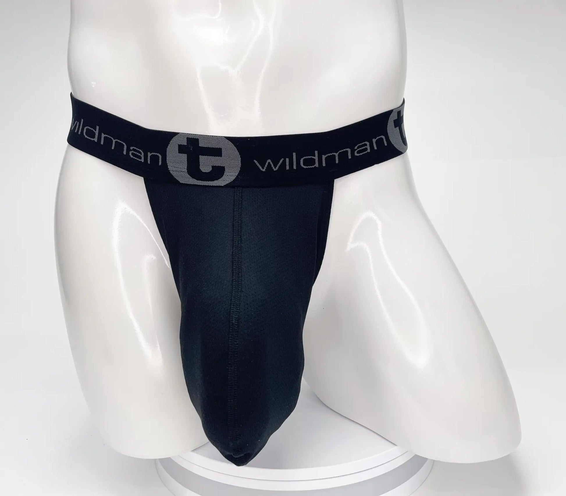 Black wildman brand mesh monster cock strapless pouch jockstrap with gray logo band for bold support