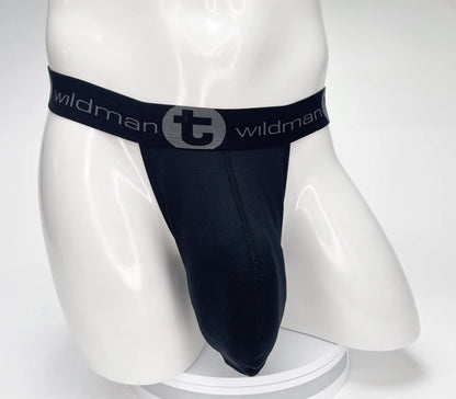 Black wildman jockstrap with mesh pouch and elastic waistband featuring gray wildman logo in sleek form-fitting design