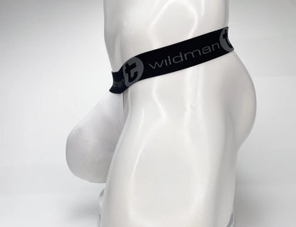 Wildmant mesh monster cock strapless pouch white with black elastic waistband and gray wildman branding on white mannequin