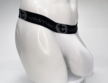 White mesh briefs with black elastic waistband featuring wildman brand logo in gray from wildmant mesh monster cock strapless pouch white