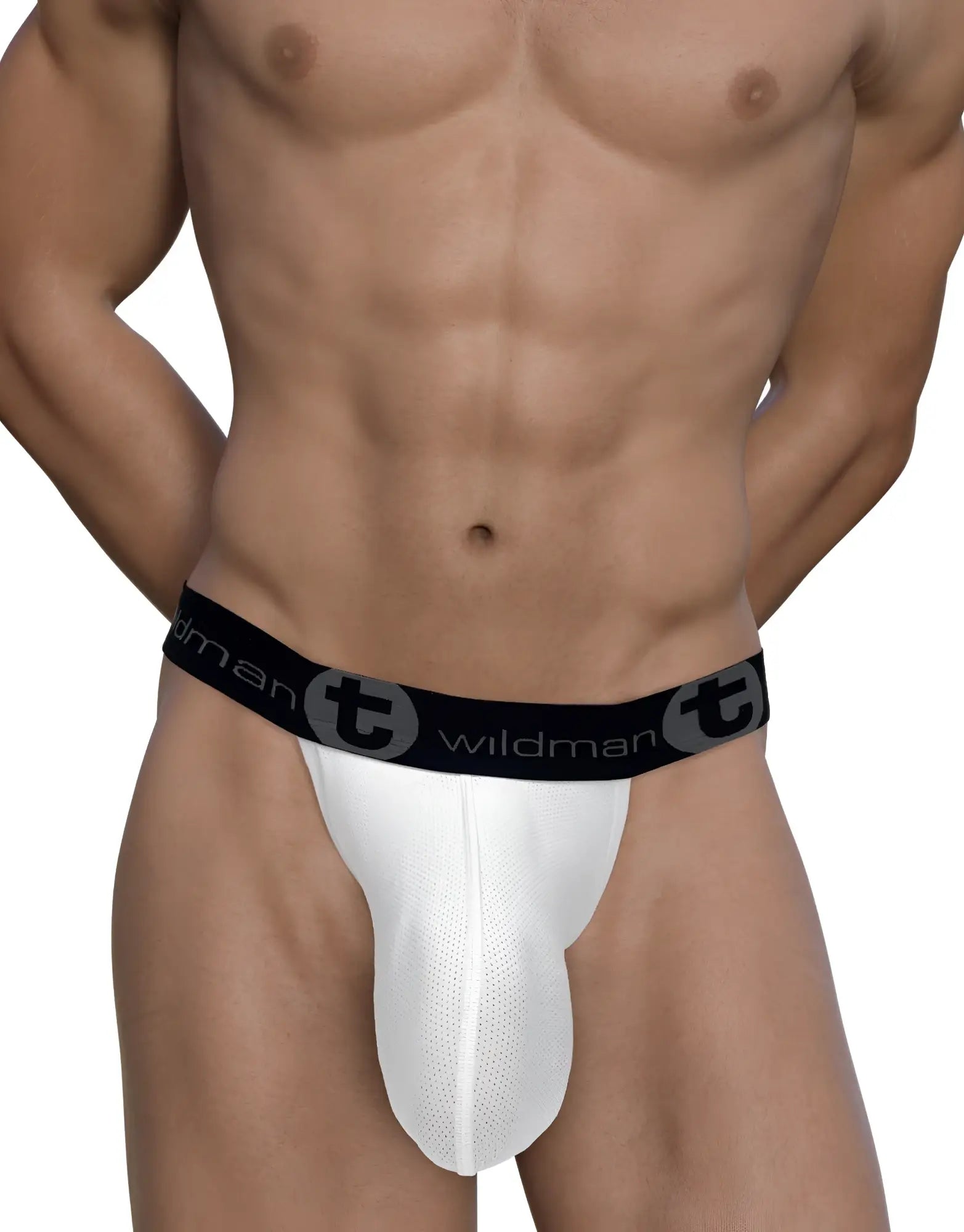 Wildmant mesh monster cock strapless pouch briefs in white mesh with black waistband featuring wildman logo and circular t emblem