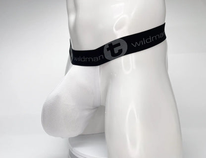 White mesh strapless pouch on a mannequin, featuring a black waistband with the WildmanT logo.