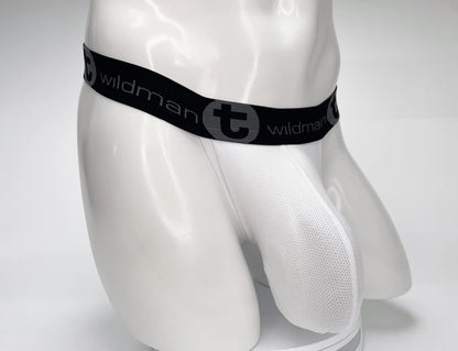 White mesh strapless pouch on a mannequin, featuring a black branded elastic waistband with "WildmanT" logo.