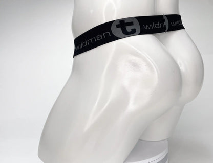 Black elastic waistband with gray t logo and wildman text on wildmant mesh monster cock strapless pouch white