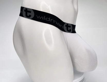 Wildmant mesh monster cock strapless pouch white men’s briefs with black waistband and gray wildman logo