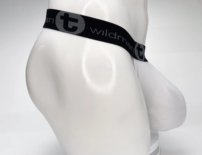 White mesh men’s briefs wildmant mesh monster cock strapless pouch with black waistband and gray emblem