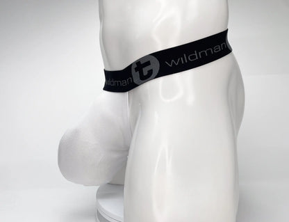 White men’s briefs with a black elastic waistband featuring the wildman logo mesh monster cock strapless pouch design