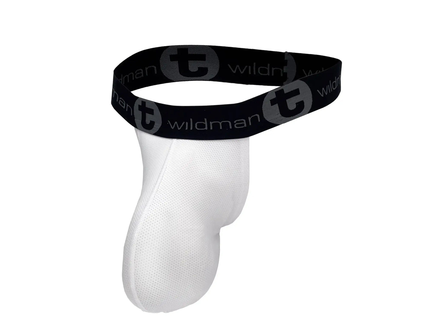 White wildman mens mesh monster cock strapless pouch jockstrap with black elastic waistband and repeating logo pattern