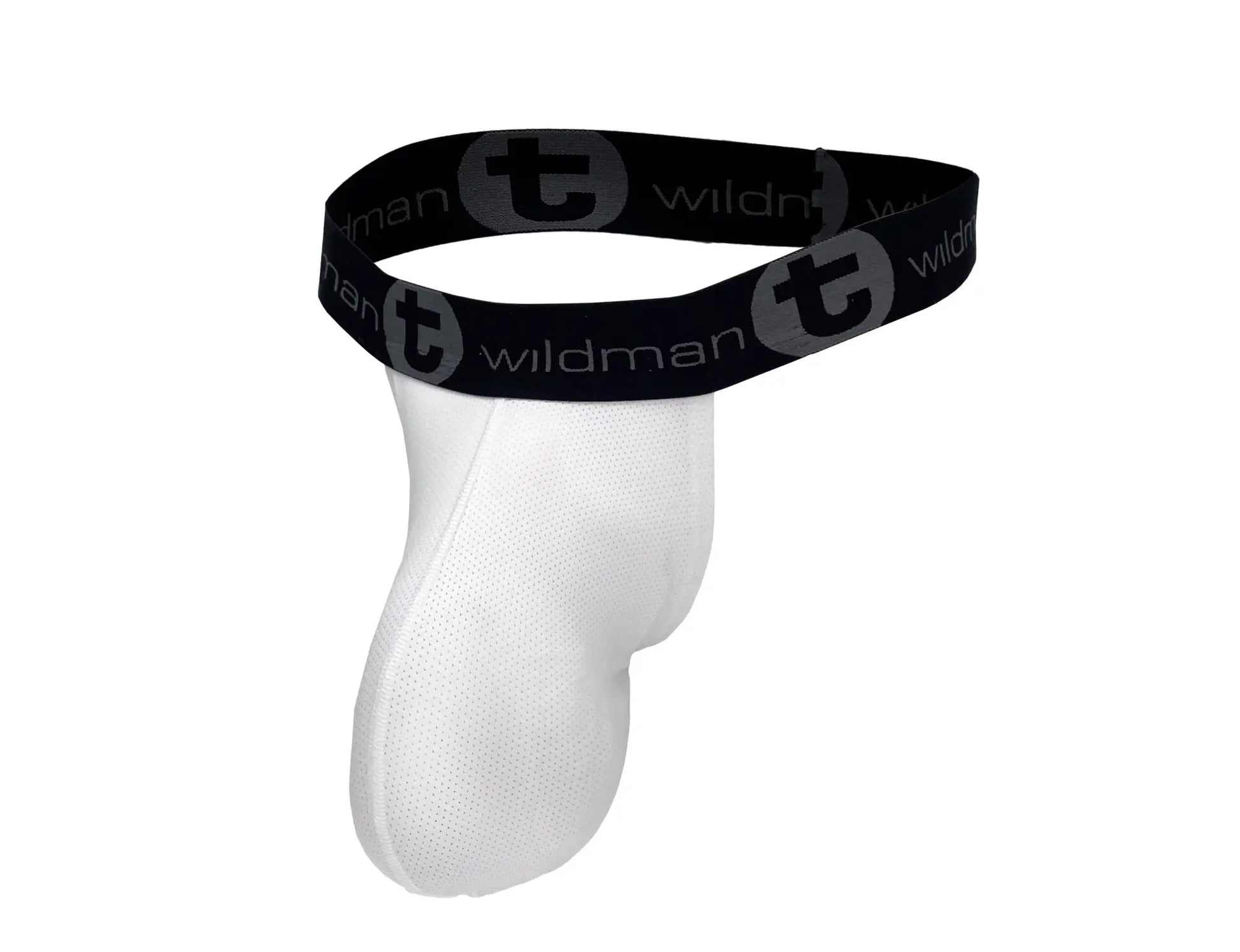 White wildman mens mesh monster cock strapless pouch jockstrap with black elastic waistband and repeating logo pattern