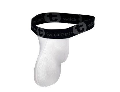 White wildman mens mesh monster cock strapless pouch jockstrap with black elastic waistband and repeating logo pattern